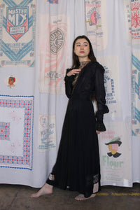 Antique 1930s Black Silk Lace Peignoir Patched by 3 Women