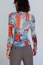 Load image into Gallery viewer, 1970s Art Deco Sheer Nylon Geometric Novelty Print Button Up Blouse
