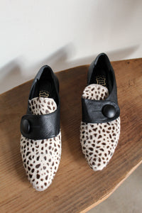 1980s Dalmation Pony Hair & Black Leather Pointed Button Mules - Made in Italy -Size 8