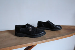 1990s Black Leather ESPRIT Footwear Silver Buckle Loafers - Size 8.5