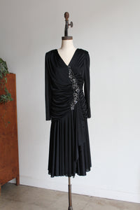 1980s Black Satin Jersey Gathered Evening Dress with Large Floral Sequin Appliqués