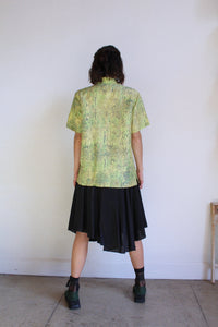 1980s Fluorescent Yellow & Green Silk Snakeskin Print Button Down Blouse