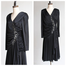 Load image into Gallery viewer, 1980s Black Satin Jersey Gathered Evening Dress with Large Floral Sequin Appliqués