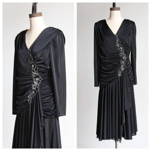 1980s Black Satin Jersey Gathered Evening Dress with Large Floral Sequin Appliqués