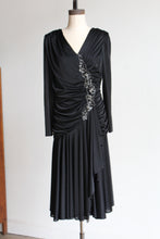 Load image into Gallery viewer, 1980s Black Satin Jersey Gathered Evening Dress with Large Floral Sequin Appliqués