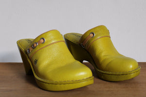 Y2K Chartreuse Green Leather Wedge Clogs - Size 9