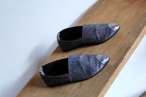 1980s Silver Lurex Soft Slip on Loafers w/silver metal toe - Size 8