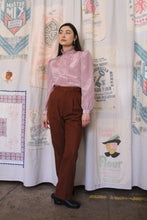 Load image into Gallery viewer, 1970s Shiny Mauve Pink Grid Print Ruffle Collar Blouse