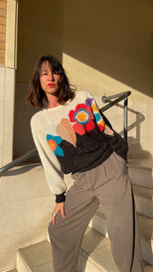 1980s Two-Tone Wool Floral & Leaf Motif Slouchy Sweater