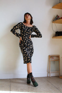 1950s Black Silk Suzy Perette Silk Abstract Print Wiggle Dress