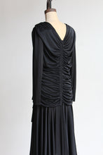 Load image into Gallery viewer, 1980s Black Satin Jersey Gathered Evening Dress with Large Floral Sequin Appliqués