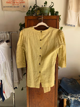 Load image into Gallery viewer, 90s Buttercup Yellow Linen Blouse with Black Floral Crochet Appliqués with Self Belt