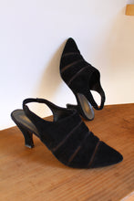 Load image into Gallery viewer, 1980s Black Suede &amp; Mesh Pointed Sling Back Heels - Size 8