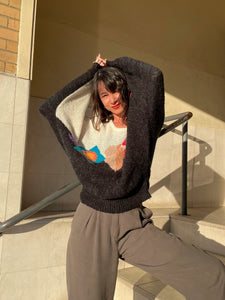 1980s Two-Tone Wool Floral & Leaf Motif Slouchy Sweater