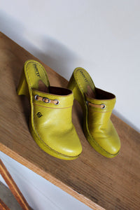 Y2K Chartreuse Green Leather Wedge Clogs - Size 9