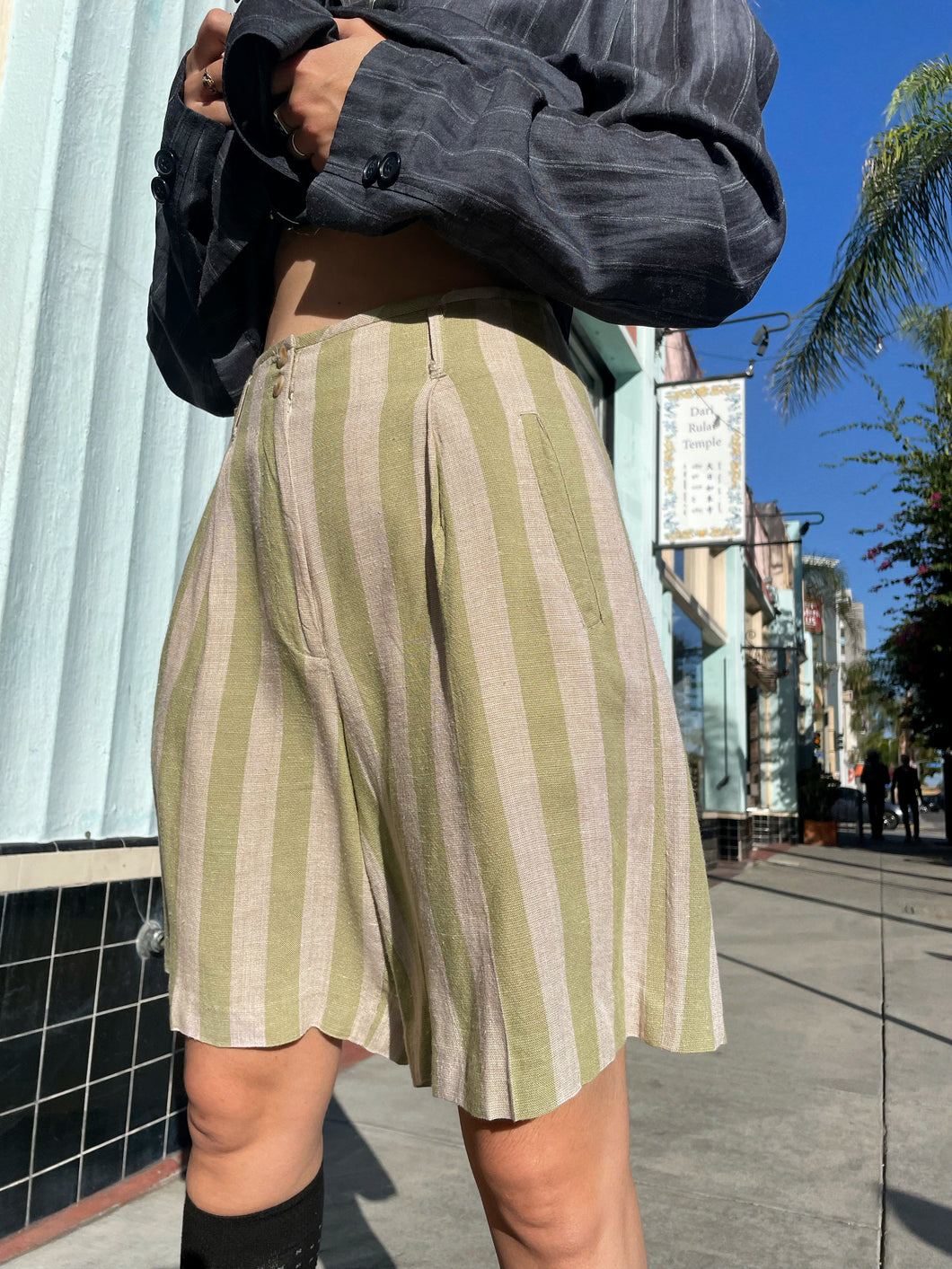 90s Green Chartreuse Striped Linen Pleated Shorts