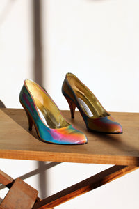 1980s Holographic Rainbow Leather Pumps - Vero Cuolo - Hand Made in Italy - Size 7.5