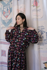 1980s Black Silk Novelty Clock Print Jacket + Skirt Set