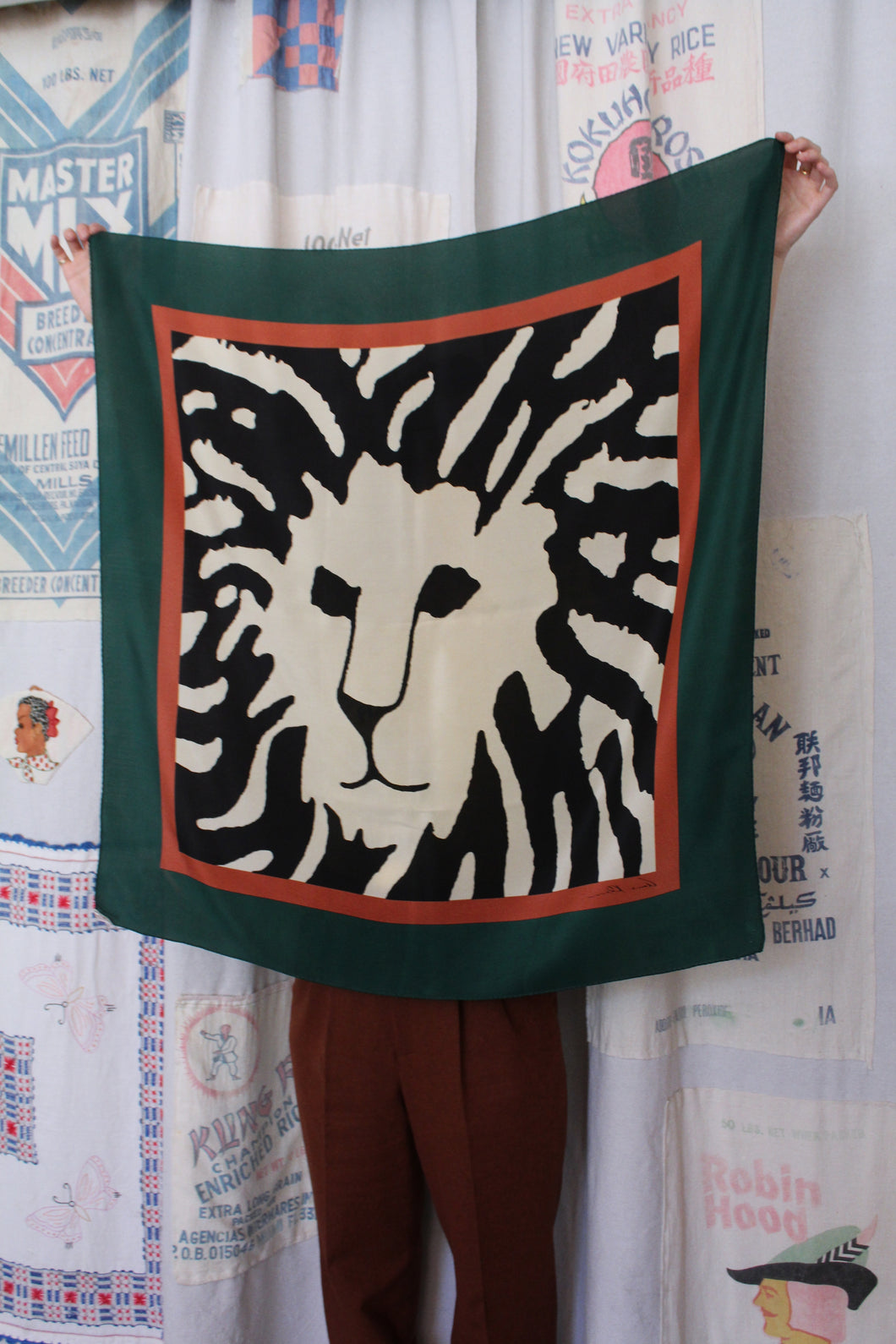 1970s Green Anne Klein Iconic Lion Print Silk Scarf