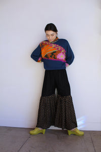1970s Indian Ruffle Wide Leg Gold Polka Dot Pants