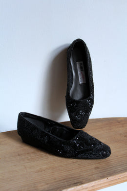 1980s FRANKIE and Baby Beverly Feldman Black Beaded Slip On Loafers -Size 7.5