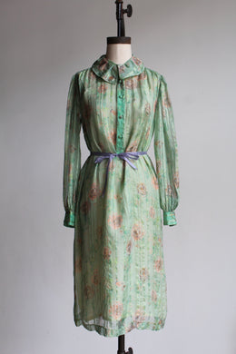 1970s Green Silk Chiffon Rose Print Dress