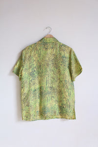 1980s Fluorescent Yellow & Green Silk Snakeskin Print Button Down Blouse
