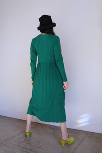 1980s Green Ribbed Knit Long Sleeve Button Front Maxi Dress