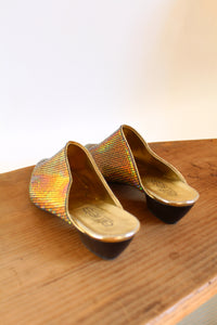 1980s Gold Metallic Disco Ball Slip On Leather Pointed Mules - Made in Italy - Size 8