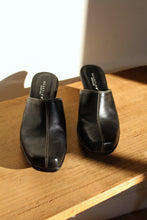 Load image into Gallery viewer, Y2K Reaction by Kenneth Cole Black Leather Wedge Mules w/ White Top Stitching - Size 8M