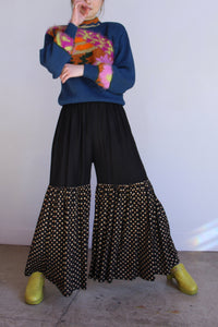 1970s Indian Ruffle Wide Leg Gold Polka Dot Pants