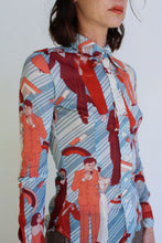 Load image into Gallery viewer, 1970s Art Deco Sheer Nylon Geometric Novelty Print Button Up Blouse