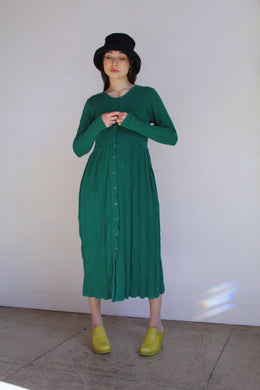 1980s Green Ribbed Knit Long Sleeve Button Front Maxi Dress