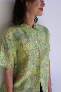 1980s Fluorescent Yellow & Green Silk Snakeskin Print Button Down Blouse