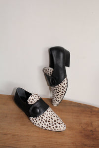 1980s Dalmation Pony Hair & Black Leather Pointed Button Mules - Made in Italy -Size 8