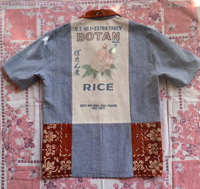 Botan Rice Railroad Stripe Button Up with Bandana Patchwork