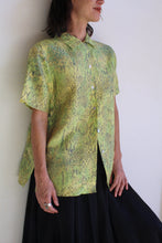 Load image into Gallery viewer, 1980s Fluorescent Yellow &amp; Green Silk Snakeskin Print Button Down Blouse
