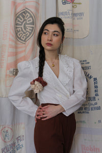 1980s Oleg Cassini White Linen Cutwork Lace Blouse 