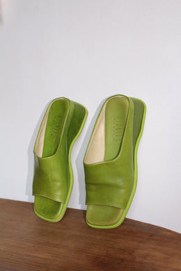 Y2K Lime Green Leather Wedge Slides - Size 8