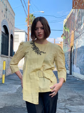Load image into Gallery viewer, 90s Buttercup Yellow Linen Blouse with Black Floral Crochet Appliqués with Self Belt