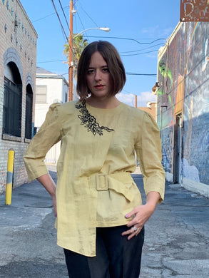 90s Buttercup Yellow Linen Blouse with Black Floral Crochet Appliqués with Self Belt