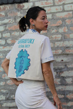 Load image into Gallery viewer, Pink Kokuho Rose + Turquoise Shirayuki Rice Sack Cropped Button-up