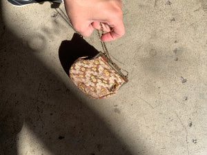 Antique Pink + Yellow Floral Petite Embroidery Handbag with Metal Chain Strap and Bakelite Closure