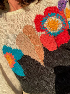 1980s Two-Tone Wool Floral & Leaf Motif Slouchy Sweater