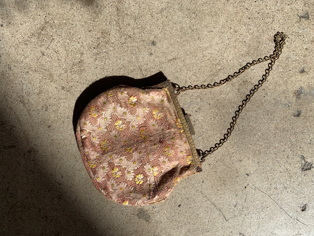 Antique Pink + Yellow Floral Petite Embroidery Handbag with Metal Chain Strap and Bakelite Closure