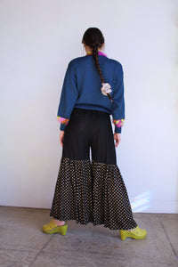 1970s Indian Ruffle Wide Leg Gold Polka Dot Pants