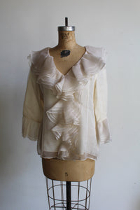 90s Ivory Silk Ruffle Collar Blouse with Ruffle Sleeves