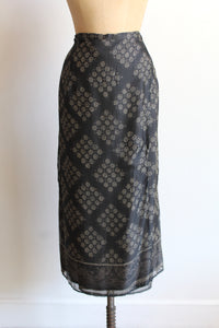 90s Oscar de la Renta Grey Silk Floral Print Wrap Skirt