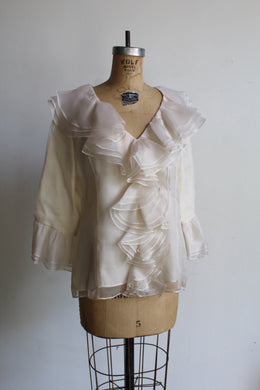 90s Ivory Silk Ruffle Collar Blouse with Ruffle Sleeves