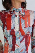Load image into Gallery viewer, 1970s Art Deco Sheer Nylon Geometric Novelty Print Button Up Blouse